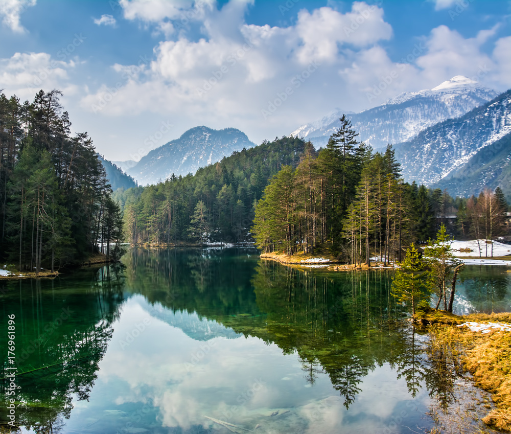 Fantastic views of the tranquil lake with amazing reflection. Mountains & glacier in the background. Peaceful & picturesque landscape. Location: Austria, Europe. Artistic picture. Beauty world