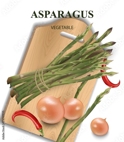 Asparagus, chili and onion on wooden board. Healthy food Vector illustration ...