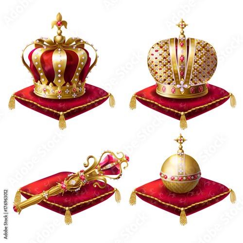 Golden royal crowns, scepter with gem stone and globus cruciger lying on  red  ceremonial pillow with tassels realistic vector illustrations set isolated on white background. Symbols of monarchy power photo