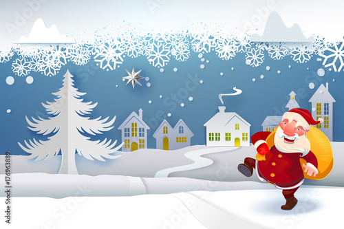 Winter Snow Urban Countryside Landscape with Santa Claus with gifts going to house. Village with full moon. Happy new year and Merry Christmas paper art, cut and craft style banner. Night sky and star