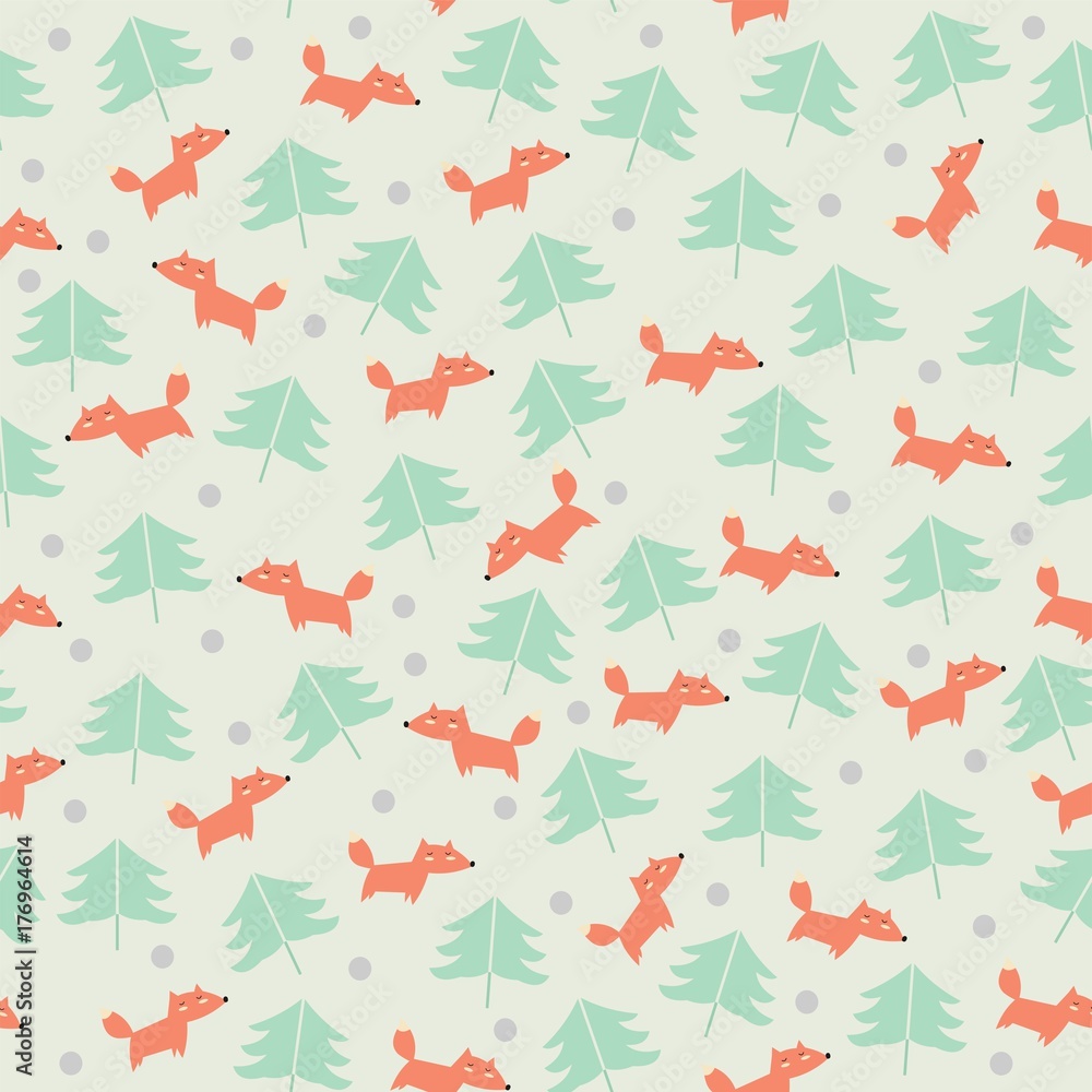 Fototapeta premium Cute seamless pattern with foxes and trees. Children's background.