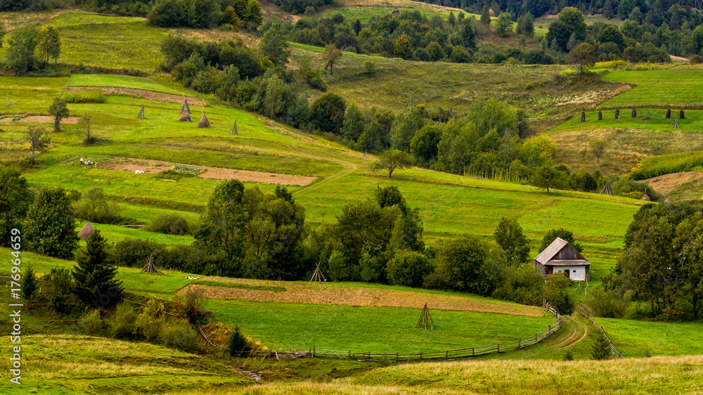 Rural house near the agricultural land in the Carpathian Mountains