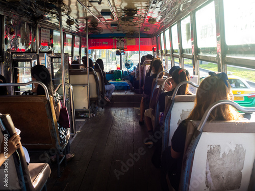Inside a bus, public transportation in Bangkok, Thailand