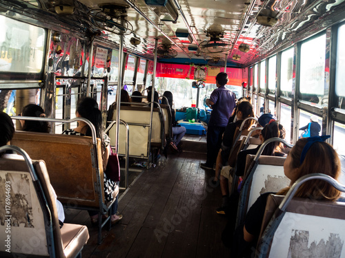 Inside a bus, public transportation in Bangkok, Thailand