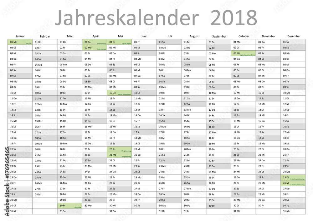 Kalender 2018 Jahresplaner Jahreskalender Gesetzliche Feiertage Stock  Vector | Adobe Stock