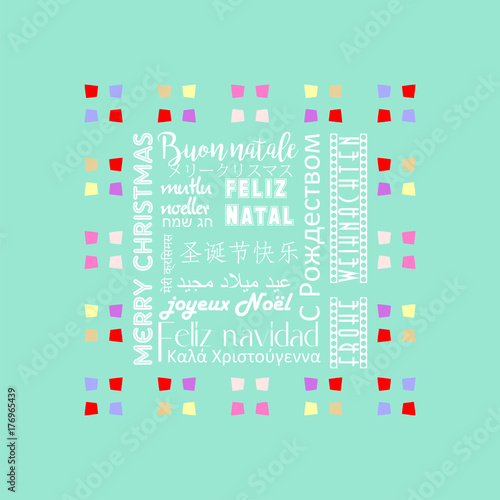 Colorful Christmas greeting card written in several languages like Italian, with sea green background