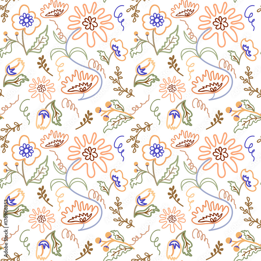 Seamless pattern with abstract flowers and leaves on a white background. Seamless pattern with abstract flowers and leaves on a white background.