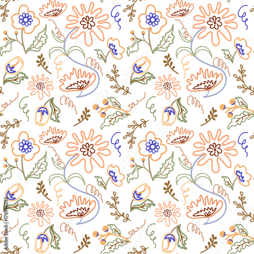 Seamless pattern with abstract flowers and leaves on a white background.