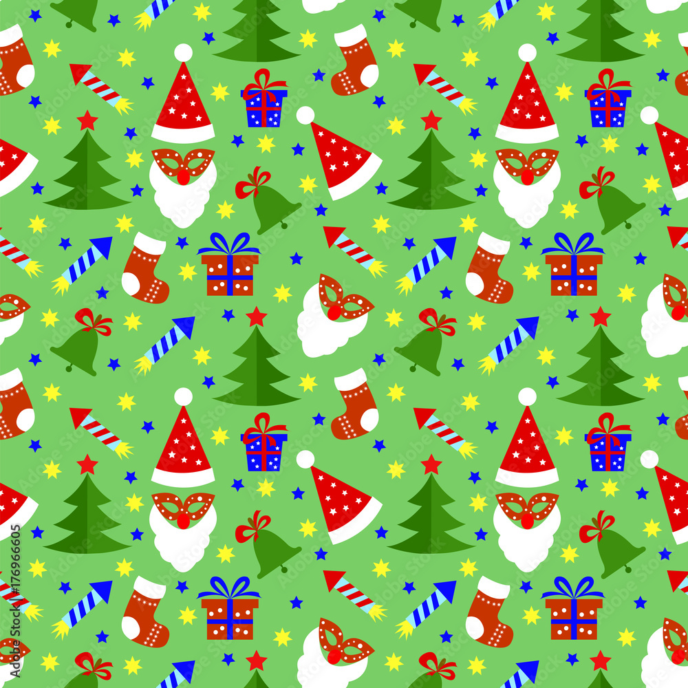 Seamless pattern with Christmas elements on a green background. Drawing Christmas hats, sweet canes, gifts, fireworks, mask, socks, bell, spruce. Seamless pattern with Christmas elements on a green background. Drawing Christmas hats, sweet canes, gifts, fireworks, mask, socks, bell, spruce.