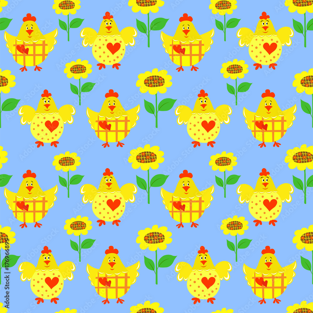 Seamless pattern with cocks and sunflower on a blue background.