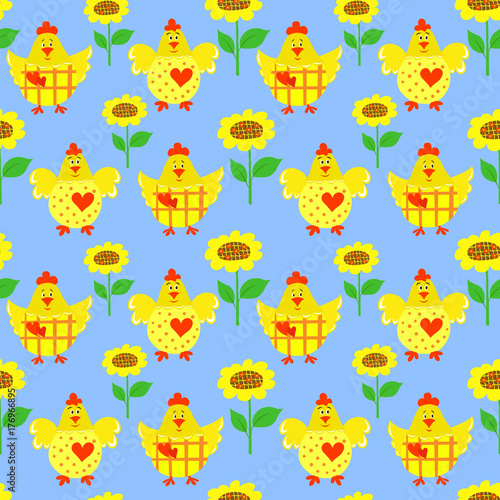 Seamless pattern with cocks and sunflower on a blue background.