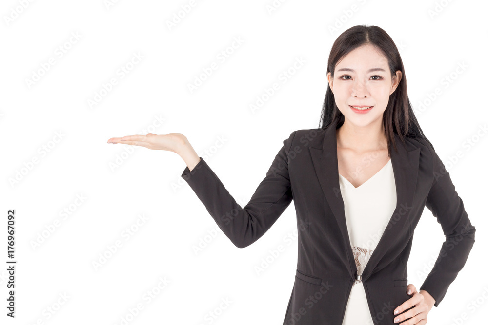 Woman showing empty copy space on open hand isolated on white background Woman showing empty copy space on open hand isolated on white background