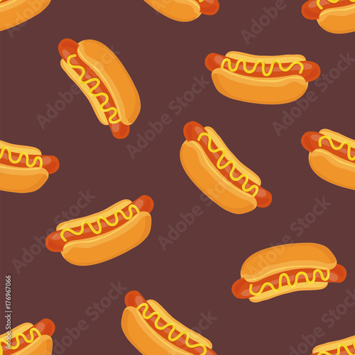 фотографія Colored seamless pattern with delicious hot dogs on dark background