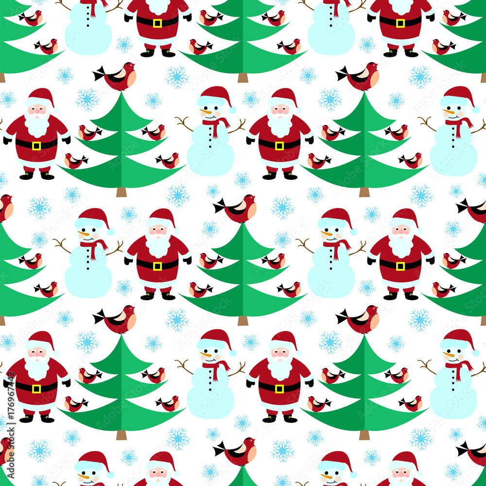 Seamless pattern. Christmas theme. Christmas tree, snowman, bird, snowflake, Santa Claus Seamless pattern. Christmas theme. Christmas tree, snowman, bird, snowflake, Santa Claus