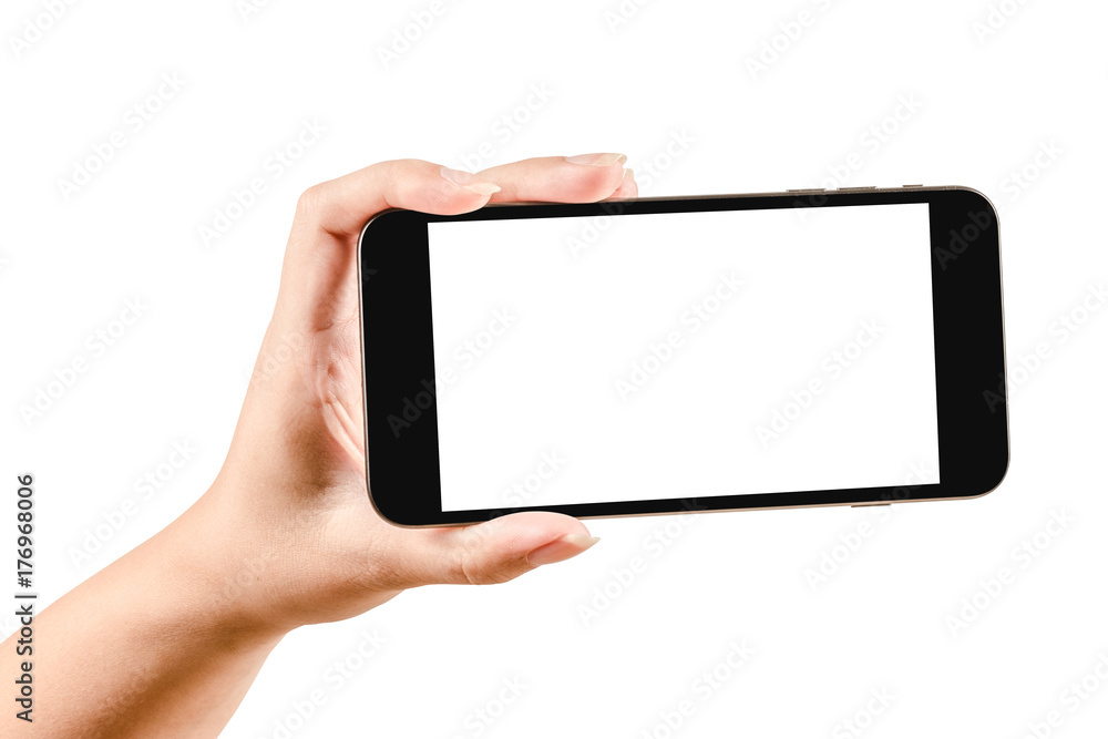 Close up hand holding black phone isolated on white background.