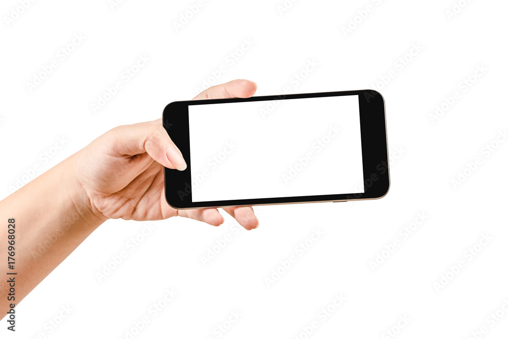 Close up hand holding black phone isolated on white background. Close up hand holding black phone isolated on white background.
