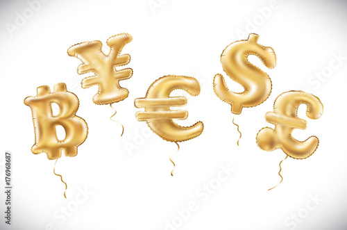 vector Gold dollar euro yen pound sterling bitcoin symbol alphabet balloons, money and currency, Golden number and letter balloon