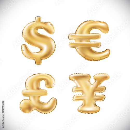 vector Gold dollar euro yen pound sterling symbol alphabet balloons, money and currency, Golden number and letter balloon