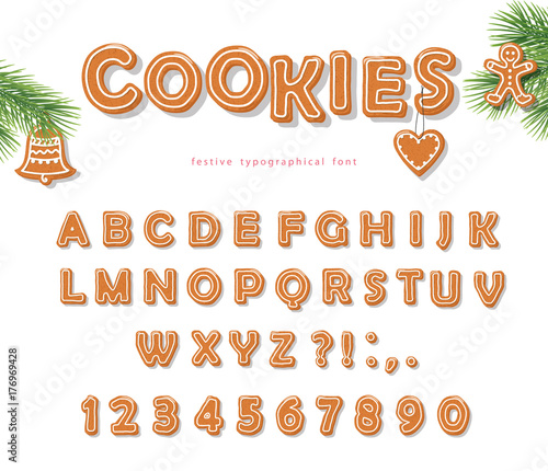 Christmas Gingerbread Cookie font. Biscuit letters and numbers. Vector EPS10