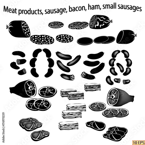 Sausage. Flat black icon Sausage isolated on white background. Vector illustration. Logo meat products, sausage, bacon, ham, vector, beef, pork.
