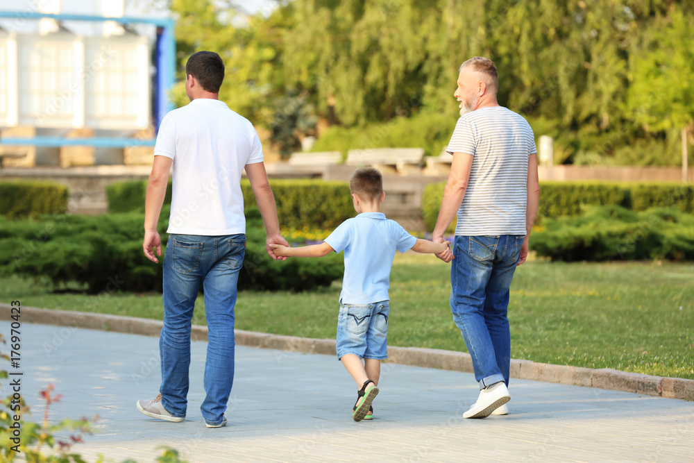 Little boy with daddy and grandfather walking in park Little boy with daddy and grandfather walking in park