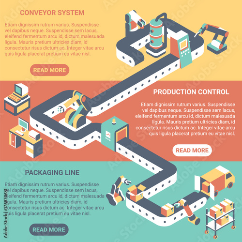 Conveyor concept vector flat isometric horizontal banner set