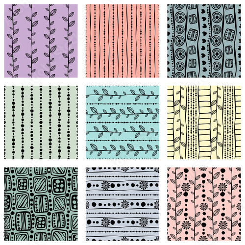 Set of seamless vector pattern. Colorful hand drawn endless background with ornamental decorative elements with ethnic, traditional, tribal motifes. Series of Hand Drawn Ornamental Seamless Patterns