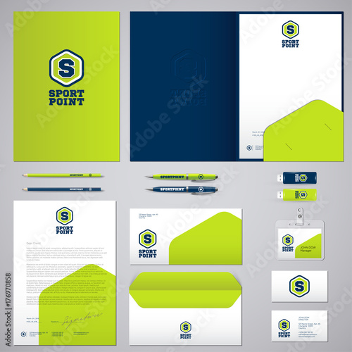 Identity and logo. Sports. Exercise, sports nutrition. Identity,  logo, blank, envelope, folder, business cards.