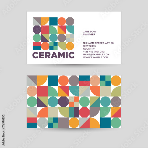 Ceramic logo. Corporate identity for ceramic tiles, ceramic products shop. Colored geometric shapes on visit card.