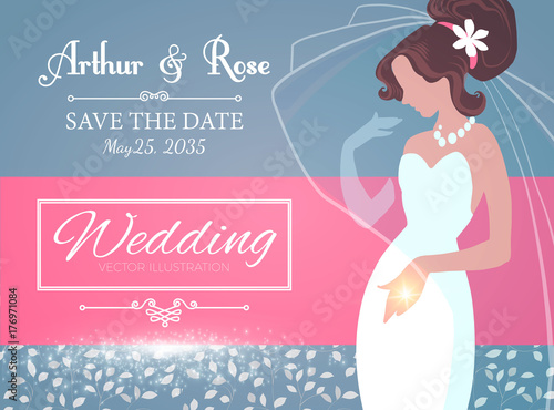 Wedding Invitation. Brunette Bride in Wedding Dress. Bridal Shower. Vector illustration