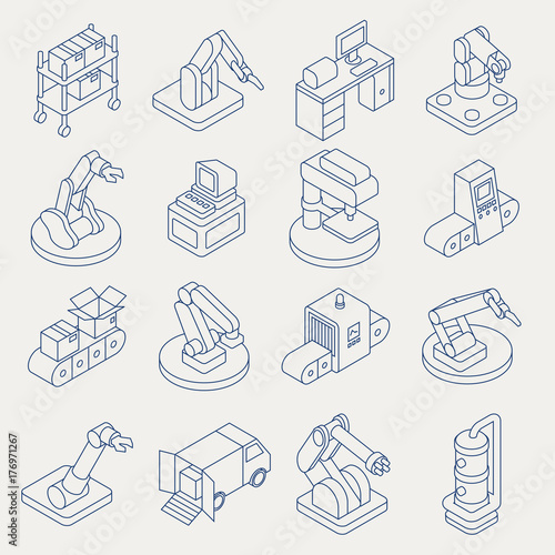 Automated production line vector isometric thin line icon set