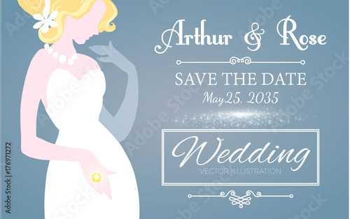 Wedding Invitation. Blonde Bride in Wedding Dress. Bridal Shower. Vector illustration