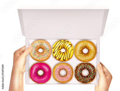 Realistic Donuts In Box In Hands