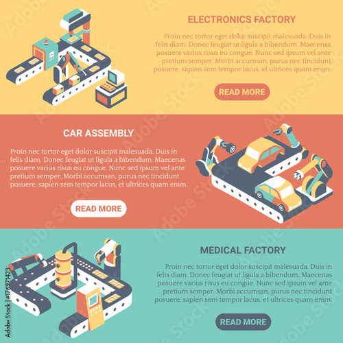 Factory automation concept vector flat isometric horizontal banner set