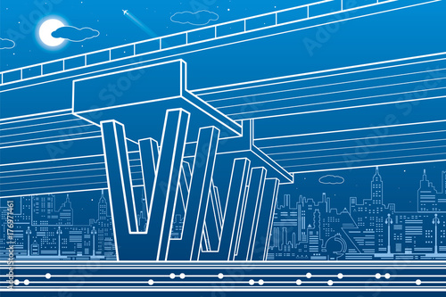 City architecture and infrastructure illustration, automotive overpass, big bridge, urban scene. Night town. White lines on blue background. Vector design art