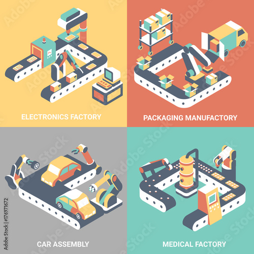 Factory automation concept vector flat isometric poster set