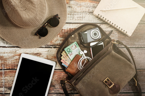 Traveler items vacation travel accessories holiday long weekend day off travelling stuff equipment background view concept 