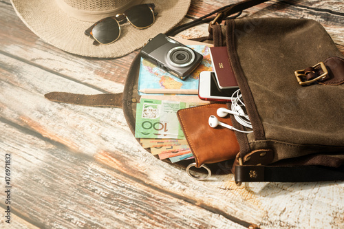 Traveler items vacation travel accessories holiday long weekend day off travelling stuff equipment background view concept 