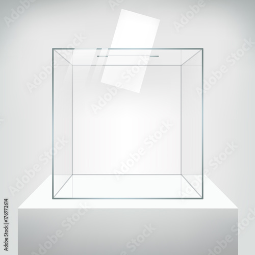 Transparent ballot box with voting paper in hole. Realistic vector 3D illustration on neutral background.