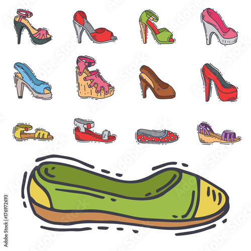 Set of womens shoes flat design vector hand drawn style of leather colored moccasins heel shoe illustration.