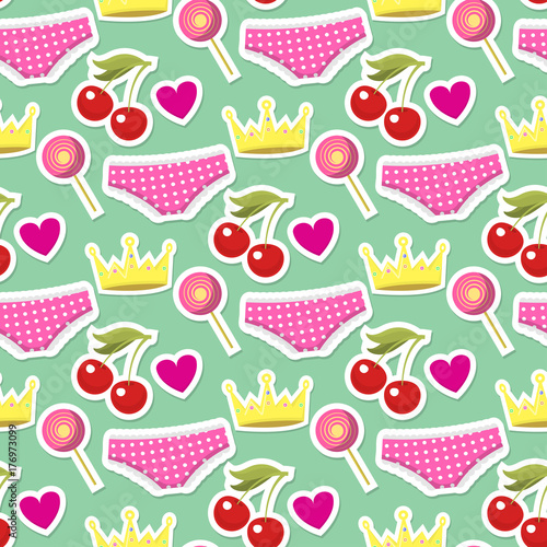 Cute hipster stickers scrapbook drawing vector illustration fashion patch pop art seamless pattern background.