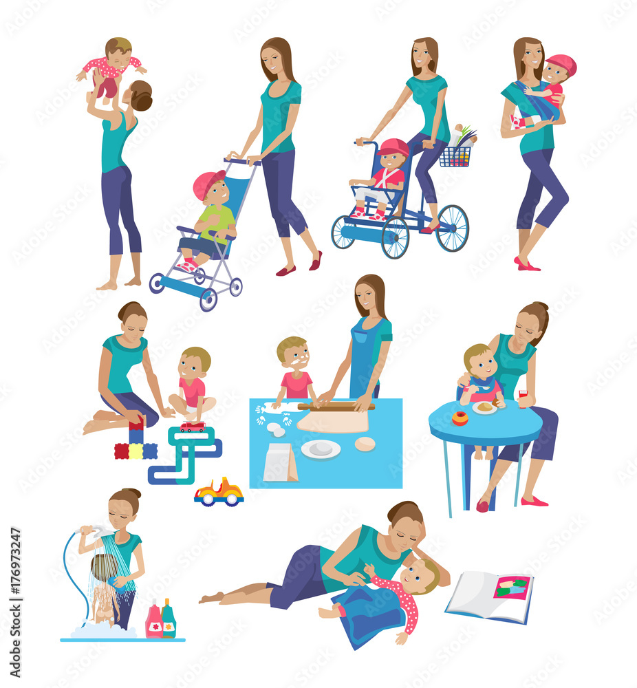 Set of mother and baby in different lifestyle situations.