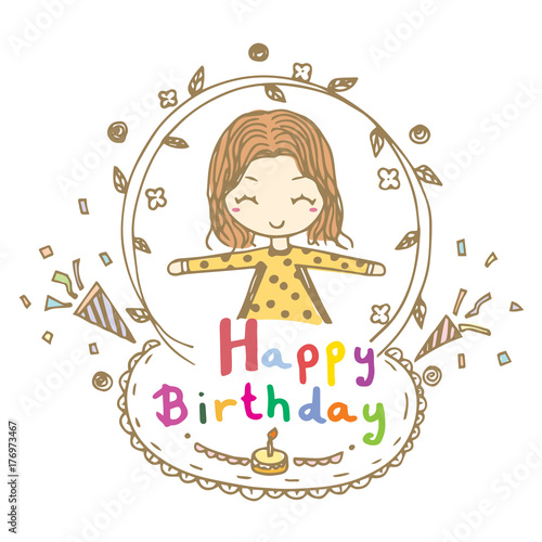 Doodle Drawing Vector Of Cute Girl Smile And Open Arms With Happy Birthday Word Stock Vector Adobe Stock