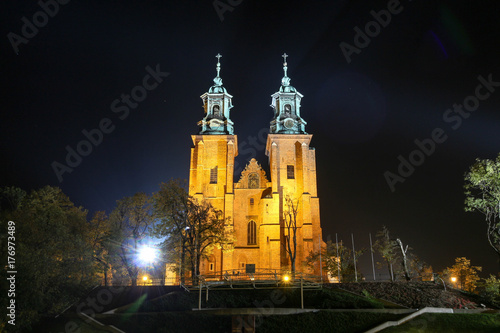 Gniezno Cathedral illuminated at night