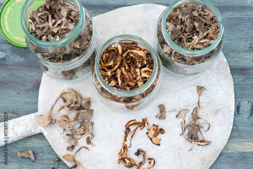 Dried mushrooms in jars