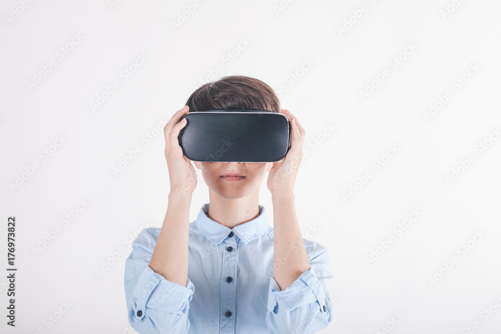 girl in virtual reality headset on white background girl in virtual reality headset on white background