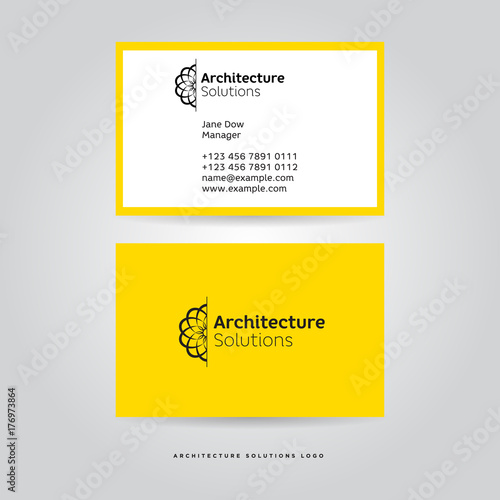 Architectural logo and identity. Geometric figures and letters on a yellow background.