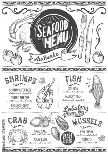 Seafood menu restaurant, food template.