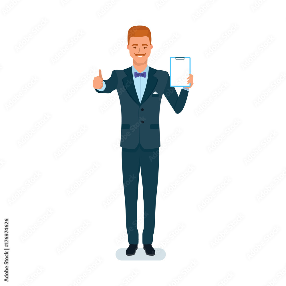 Man holding document in hand and gesticulate sign class, approval. Man holding document in hand and gesticulate sign class, approval.