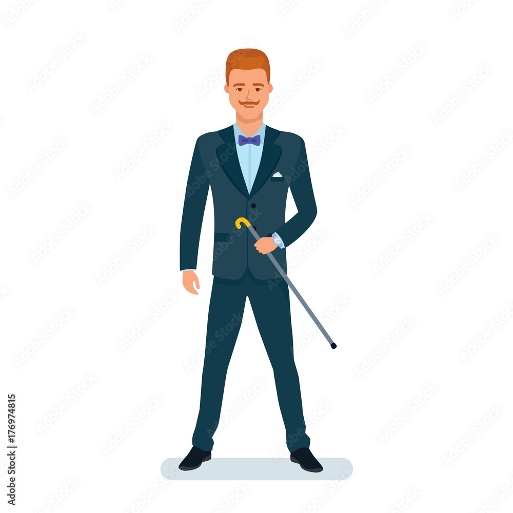 Graceful man in business suit, stands with cane in hands. Graceful man in business suit, stands with cane in hands.